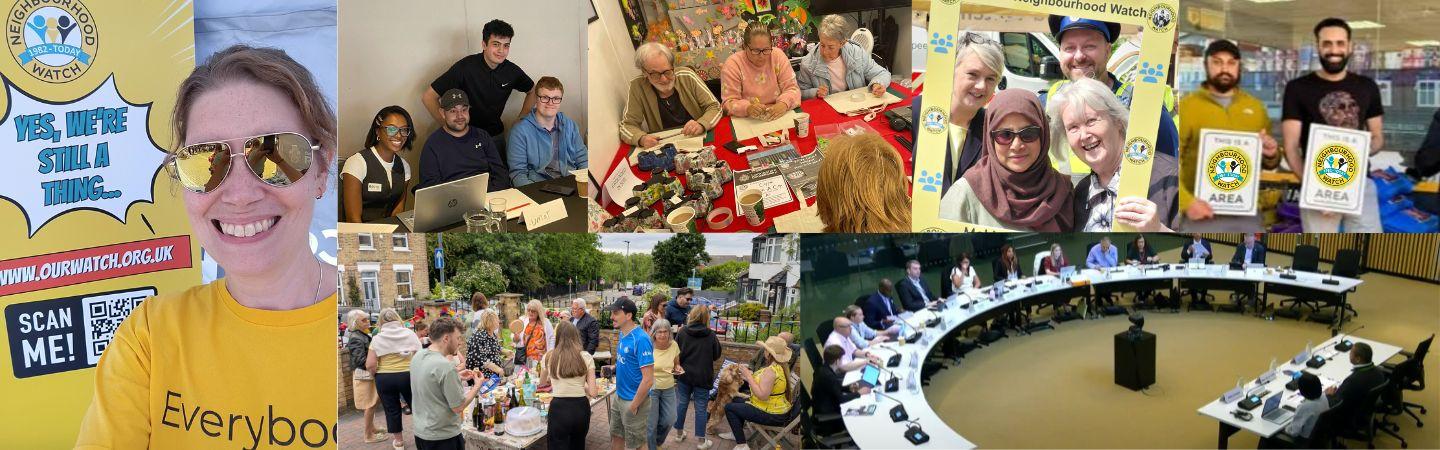 Image is a collage of volunteer events, street parties, council meetings, Pride etc. 
